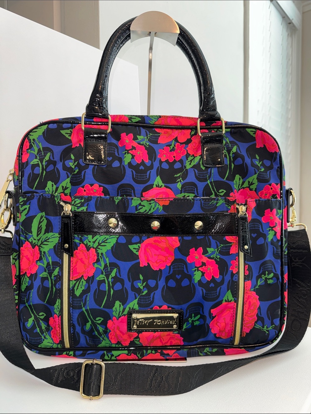 Betsey Johnson Blue Floral Skull Laptop Bag with Pink and Green Accents